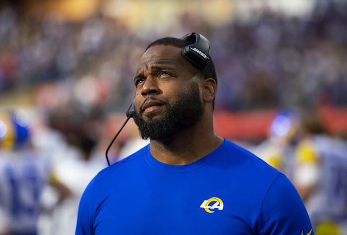 Feb 13, 2022; Inglewood, CA, USA; Los Angeles Rams offensive assistant Nick Jones against the Cincinnati Bengals during Super Bowl LVI at SoFi Stadium.